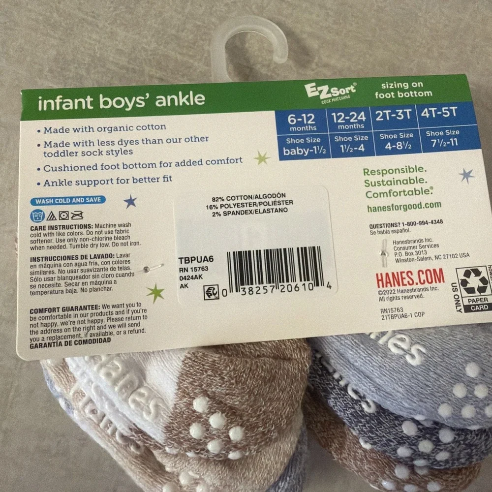 Hanes Multicolored 6 Pack Pure Comfort Ankle Socks Boys Size 6-12 Months